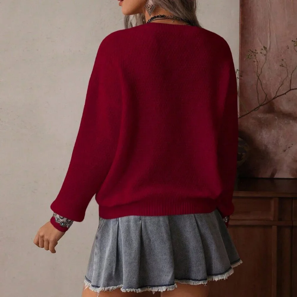 Burgundy Casual Women's Loose Rhinestone Knit Sweater
